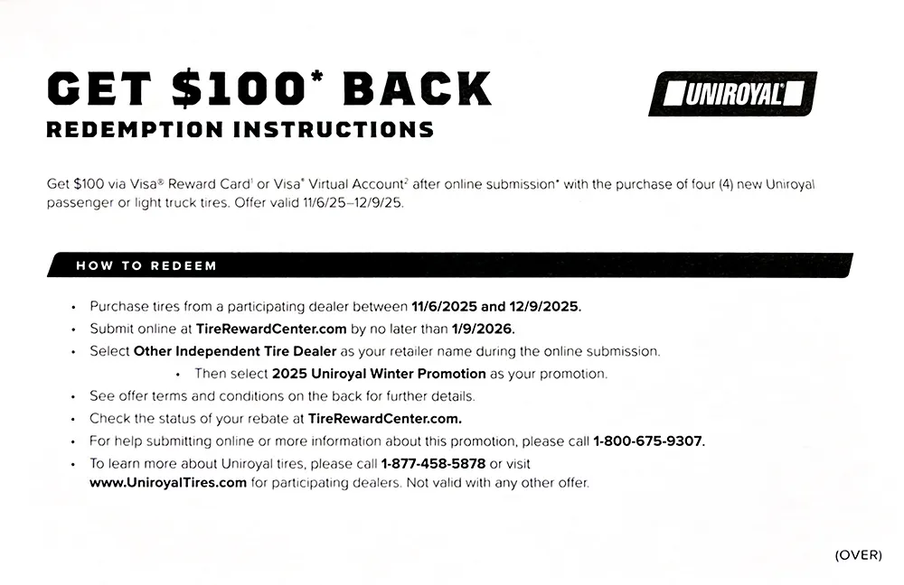 Uniroyal Tire Rebates November–December 2025